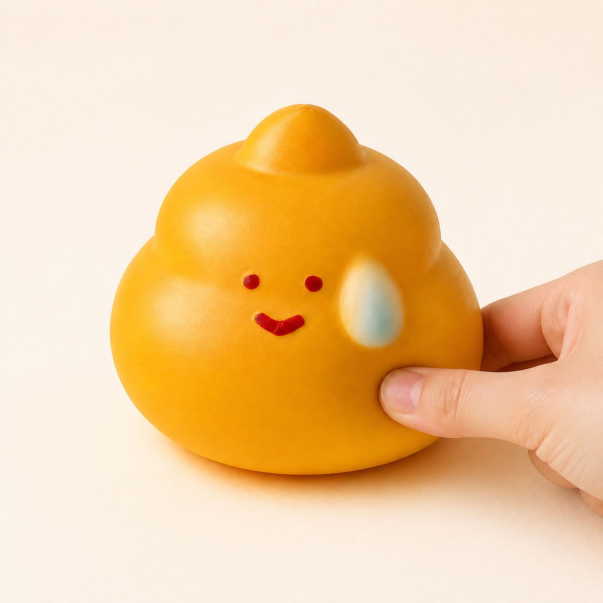 Sweating emoji slow-rise squishy with a hand gently squeezing the lower-right side
