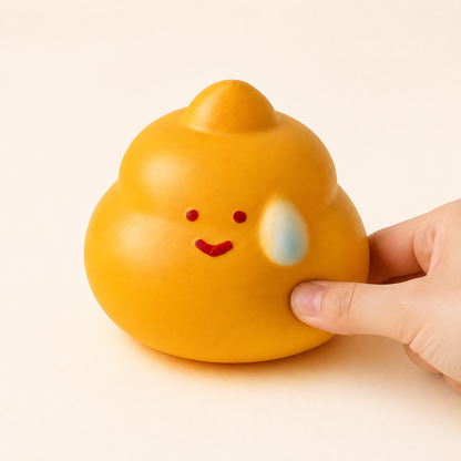 Sweating emoji slow-rise squishy with a hand gently squeezing the lower-right side