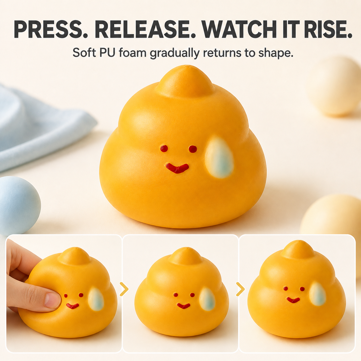 Sweating emoji slow-rise squishy press release and rise action guide