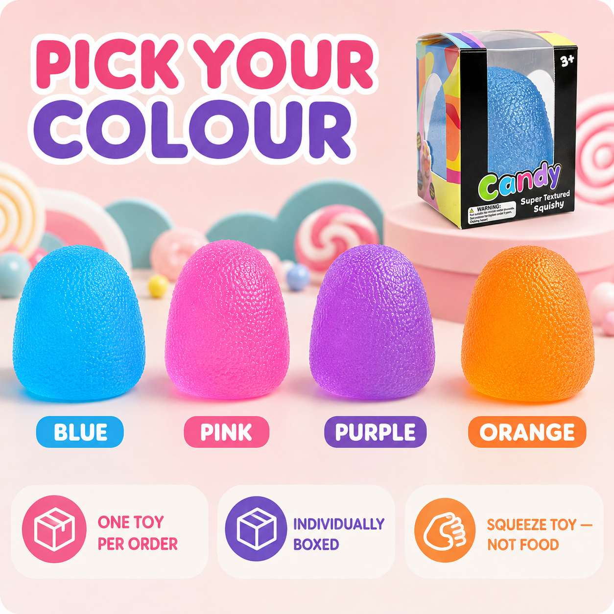 Blue pink purple and orange textured toy options
