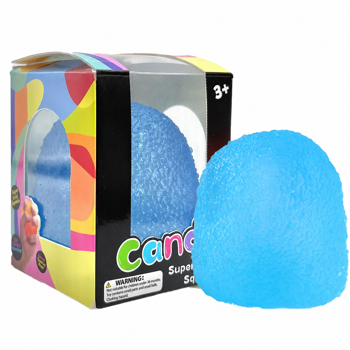 Blue textured candy squishy with retail box, supplier watermark removed