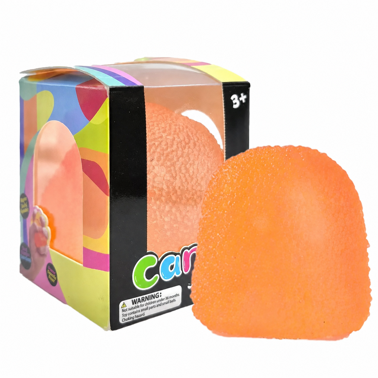 Orange textured candy squishy with retail box, supplier watermark removed