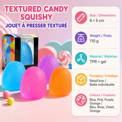 Textured candy squishy specifications in English and French