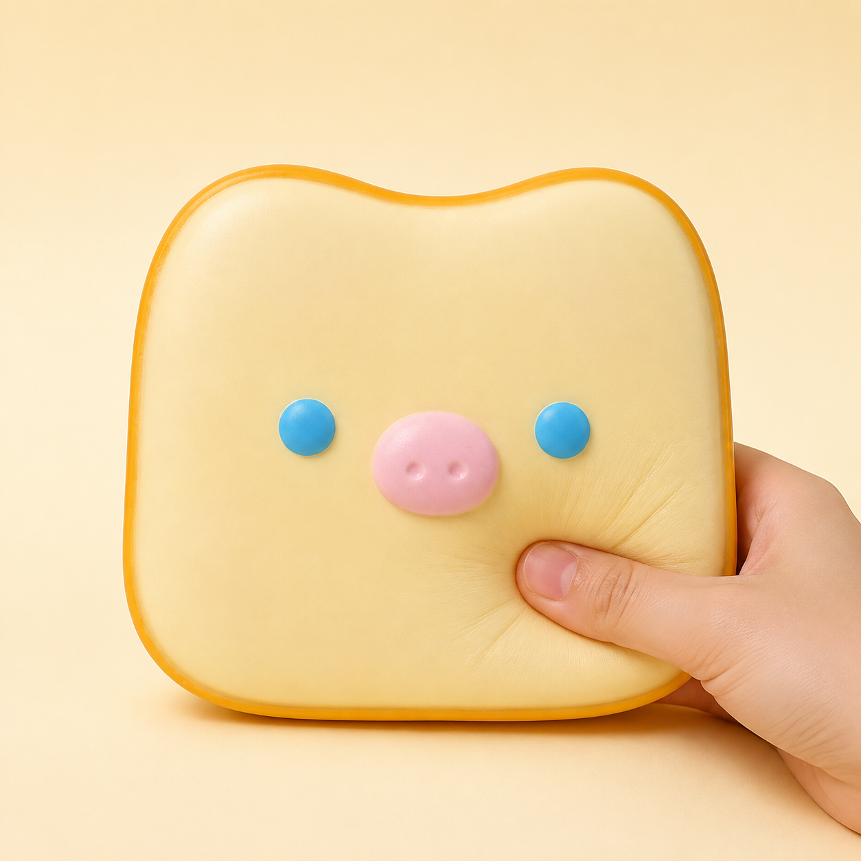 Toast pig squishy shown being pressed by hand
