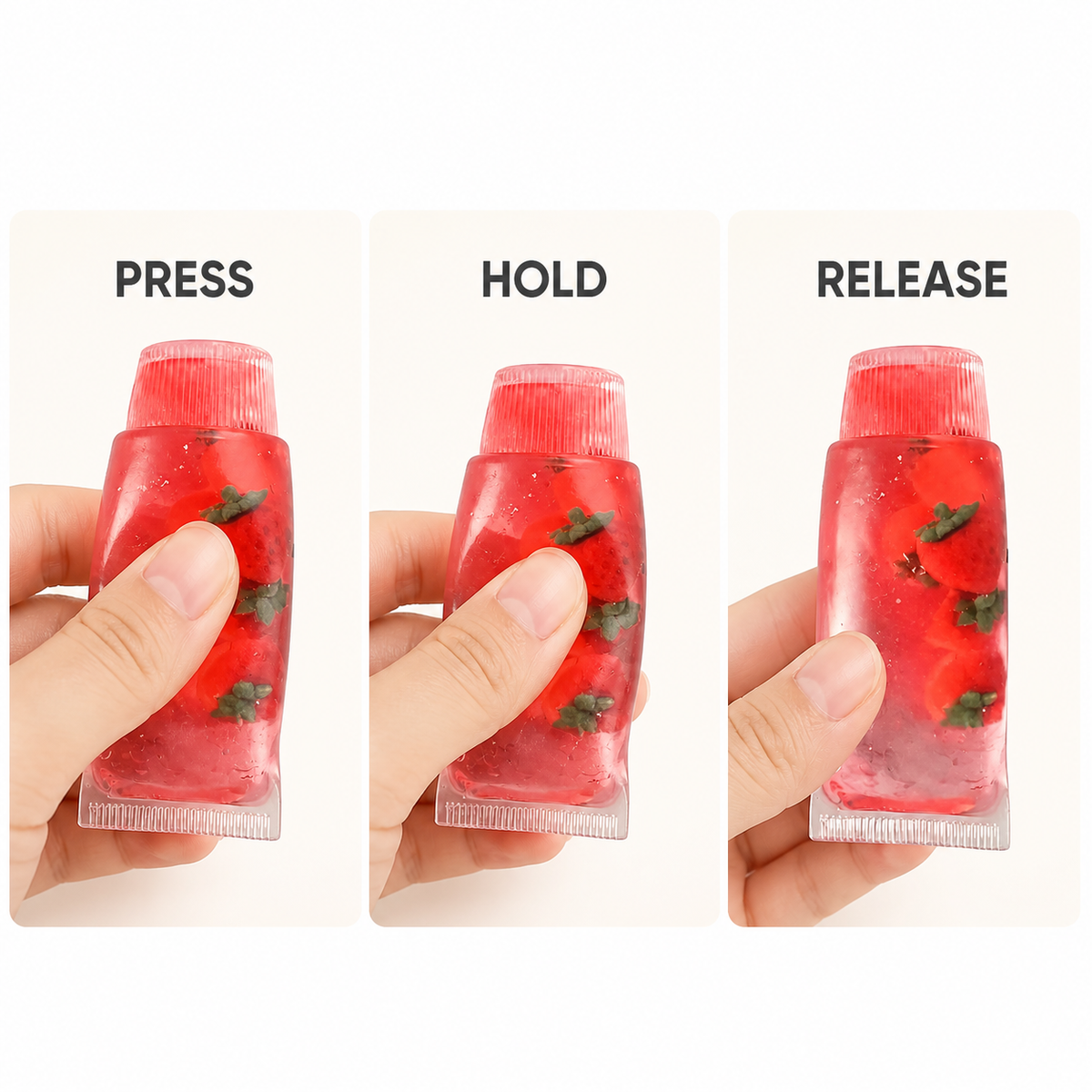 Strawberry tube sensory toy press hold and release guide