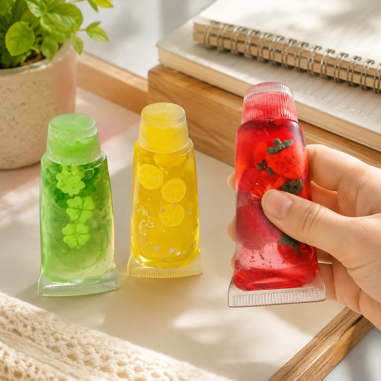 Three verified toothpaste-tube sensory toys on a cozy desk