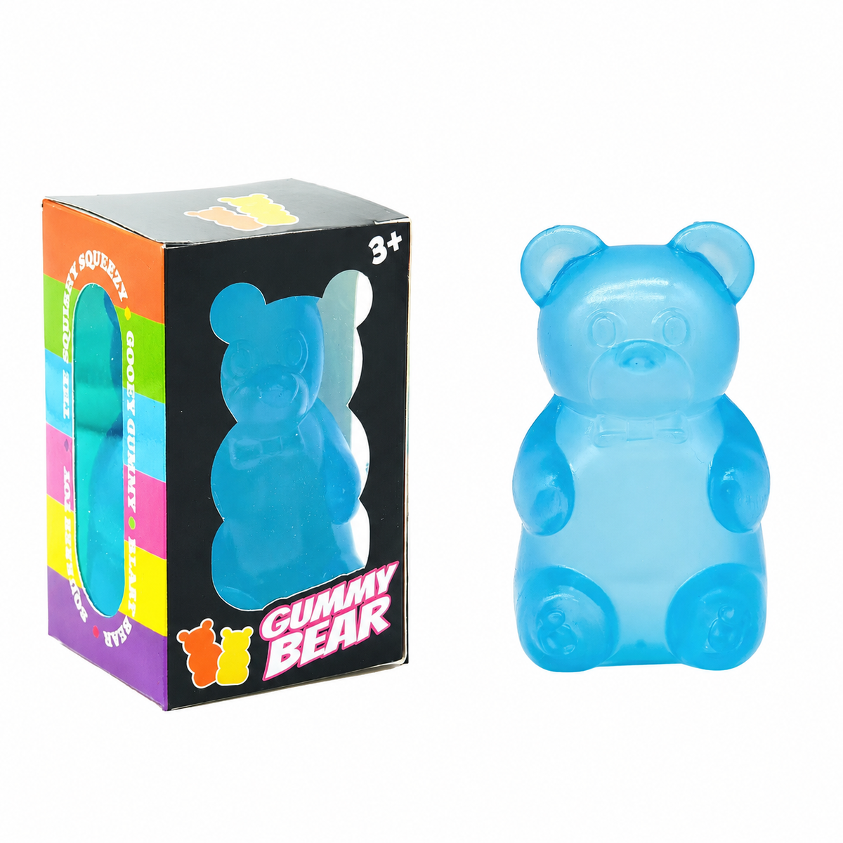 Blue translucent gummy bear with retail box, supplier watermark removed