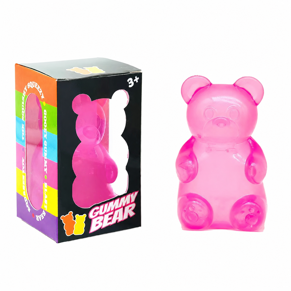 Pink translucent gummy bear with retail box, supplier watermark removed