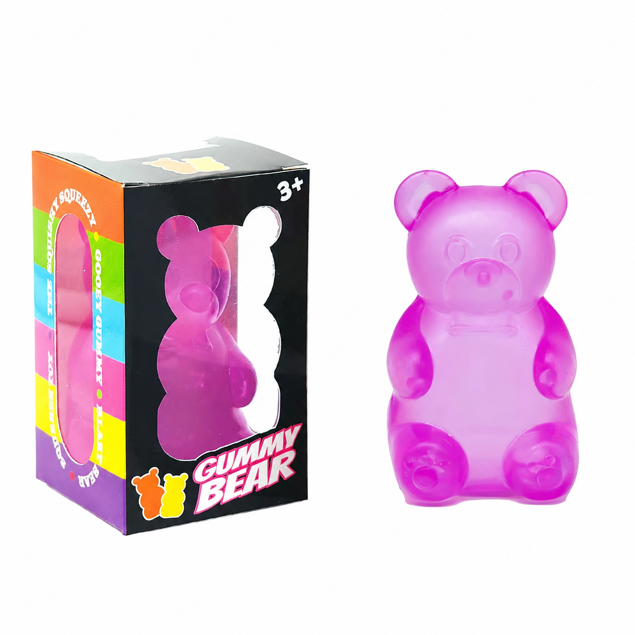 Purple translucent gummy bear with retail box, supplier watermark removed