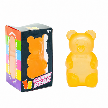 Yellow translucent gummy bear with retail box, supplier watermark removed