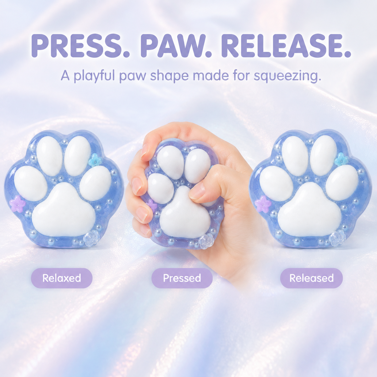 Press, paw and release sequence for the translucent cat-paw sensory toy