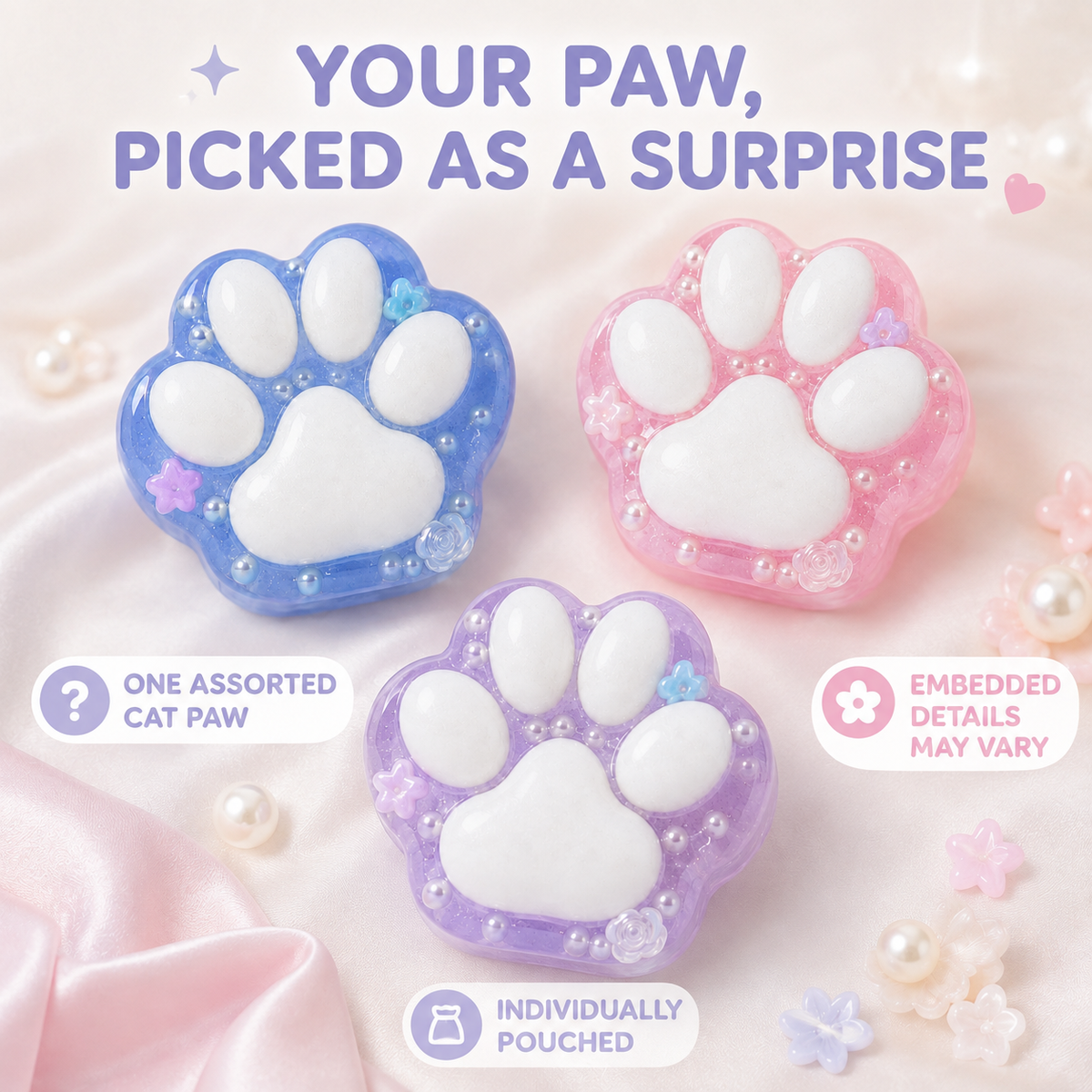 Assorted translucent cat-paw sensory toys with one assorted paw per order explained