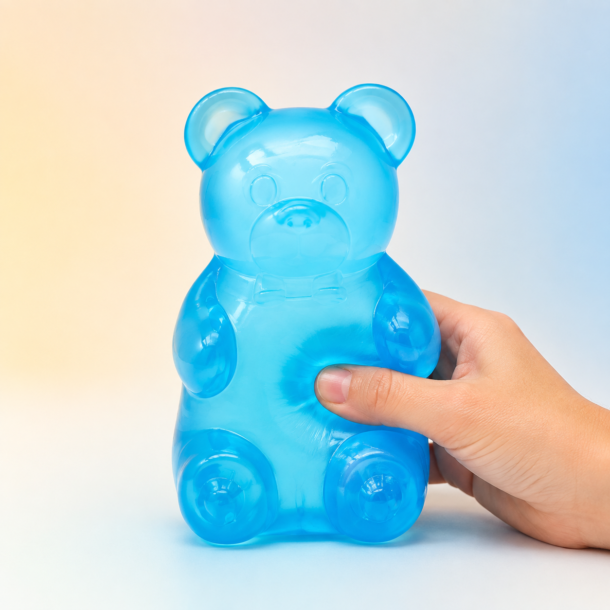 Blue translucent gummy bear squeeze toy with hand pressing the belly