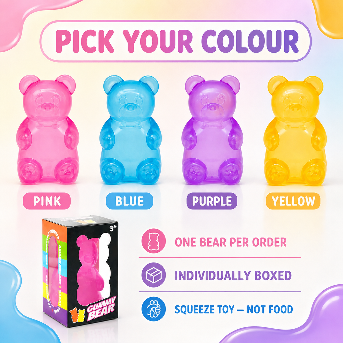Pink blue purple and yellow translucent bear options