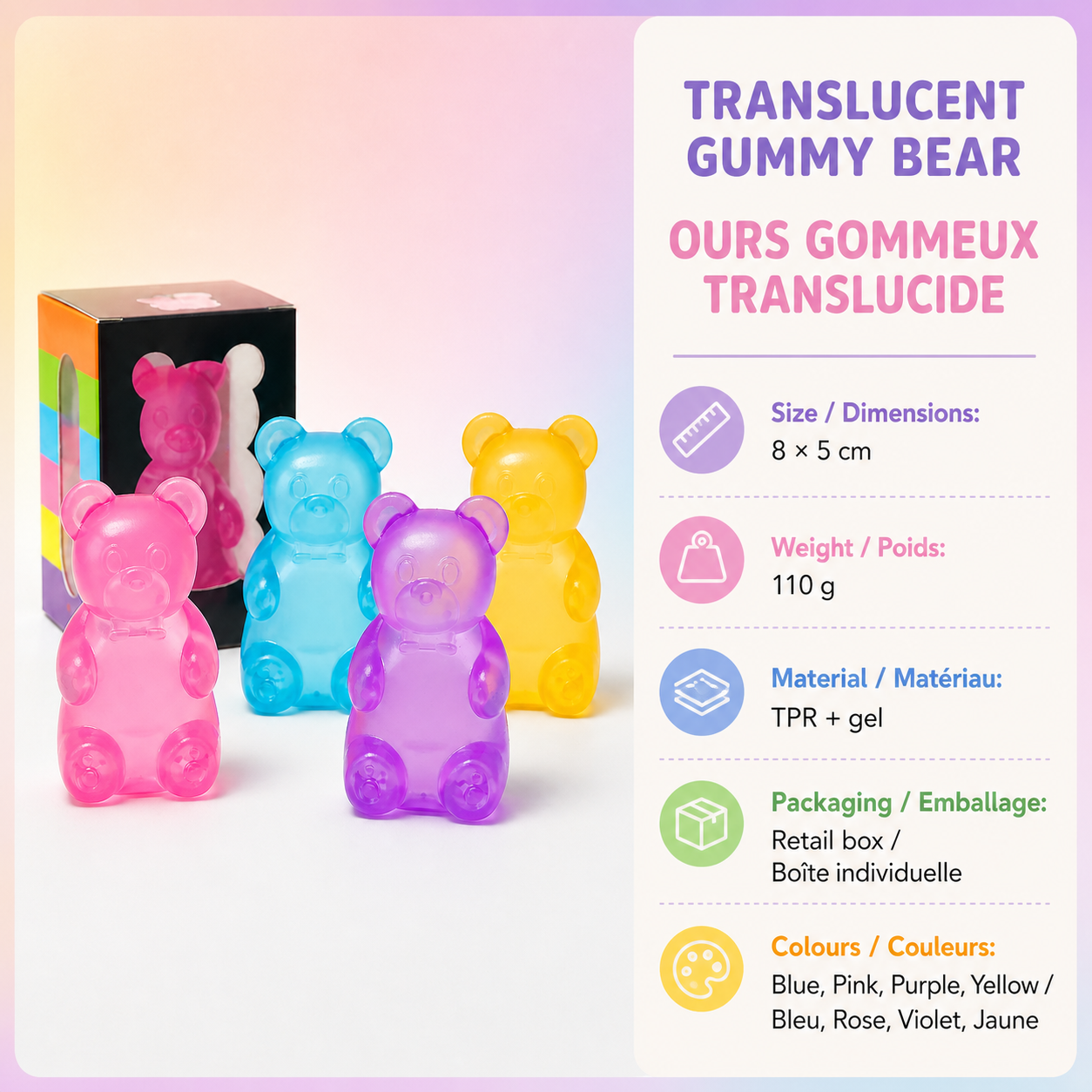 Translucent gummy bear squishy specifications in English and French