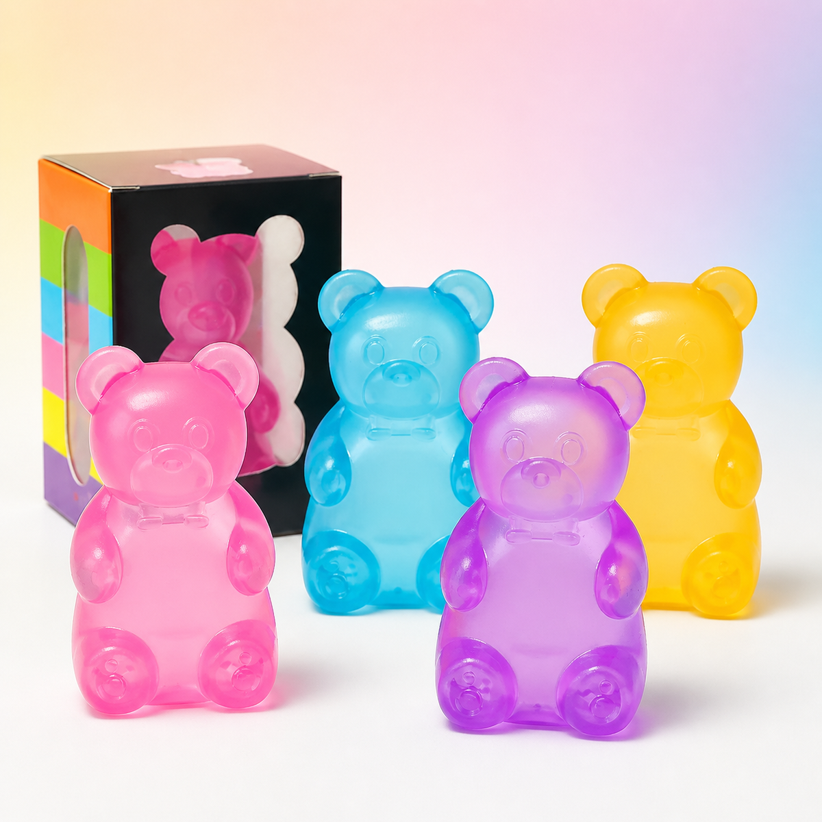 Boxed translucent gummy bear squishy in four colours