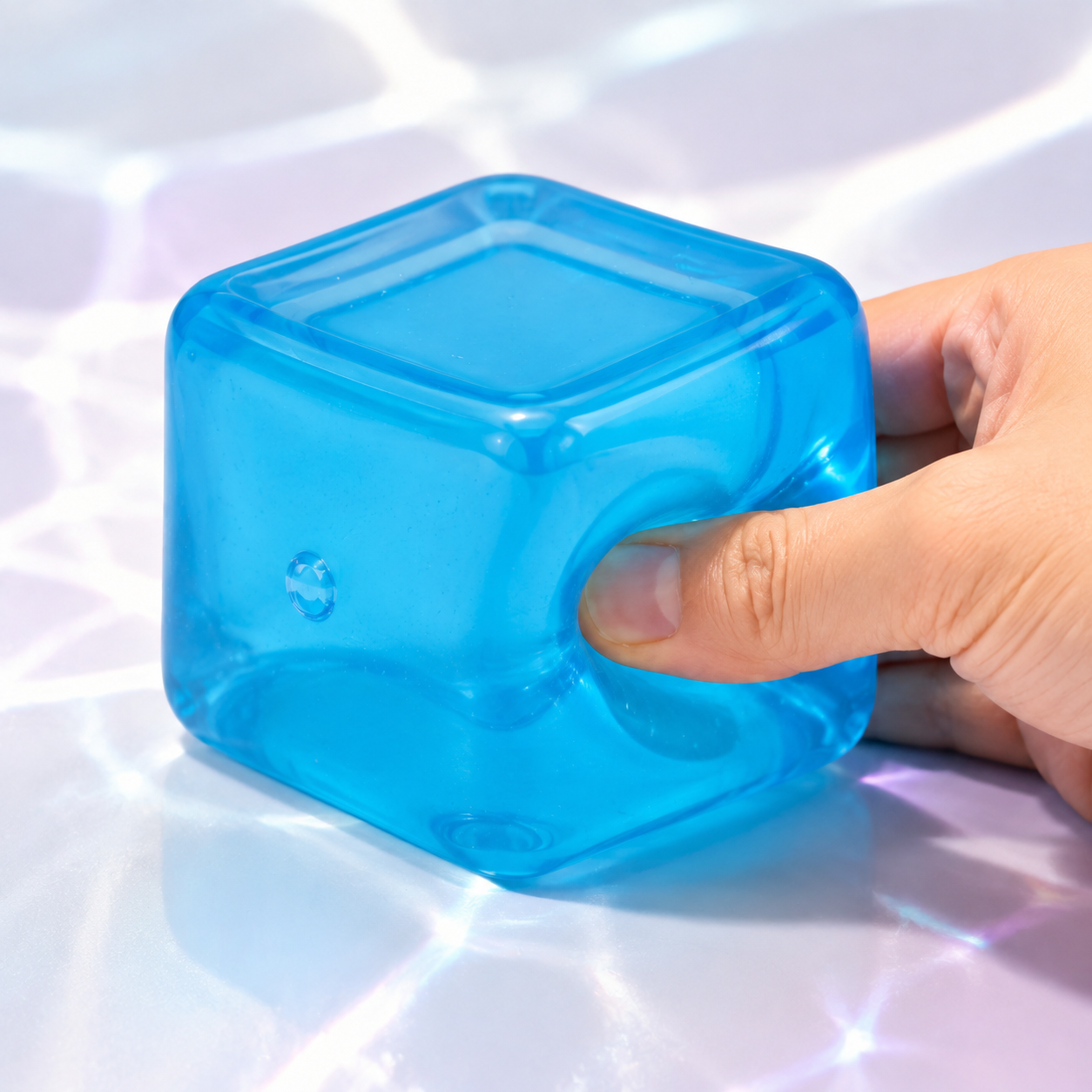 Transparent blue rounded cube sensory squeeze toy with a hand pressing the same toy