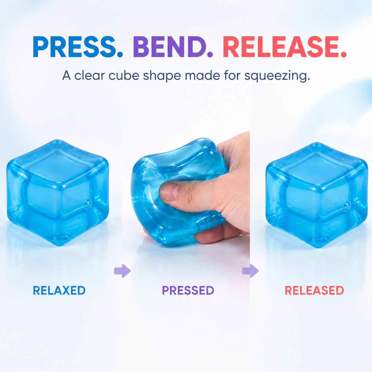 Press, bend and release sequence for the transparent rounded cube sensory toy