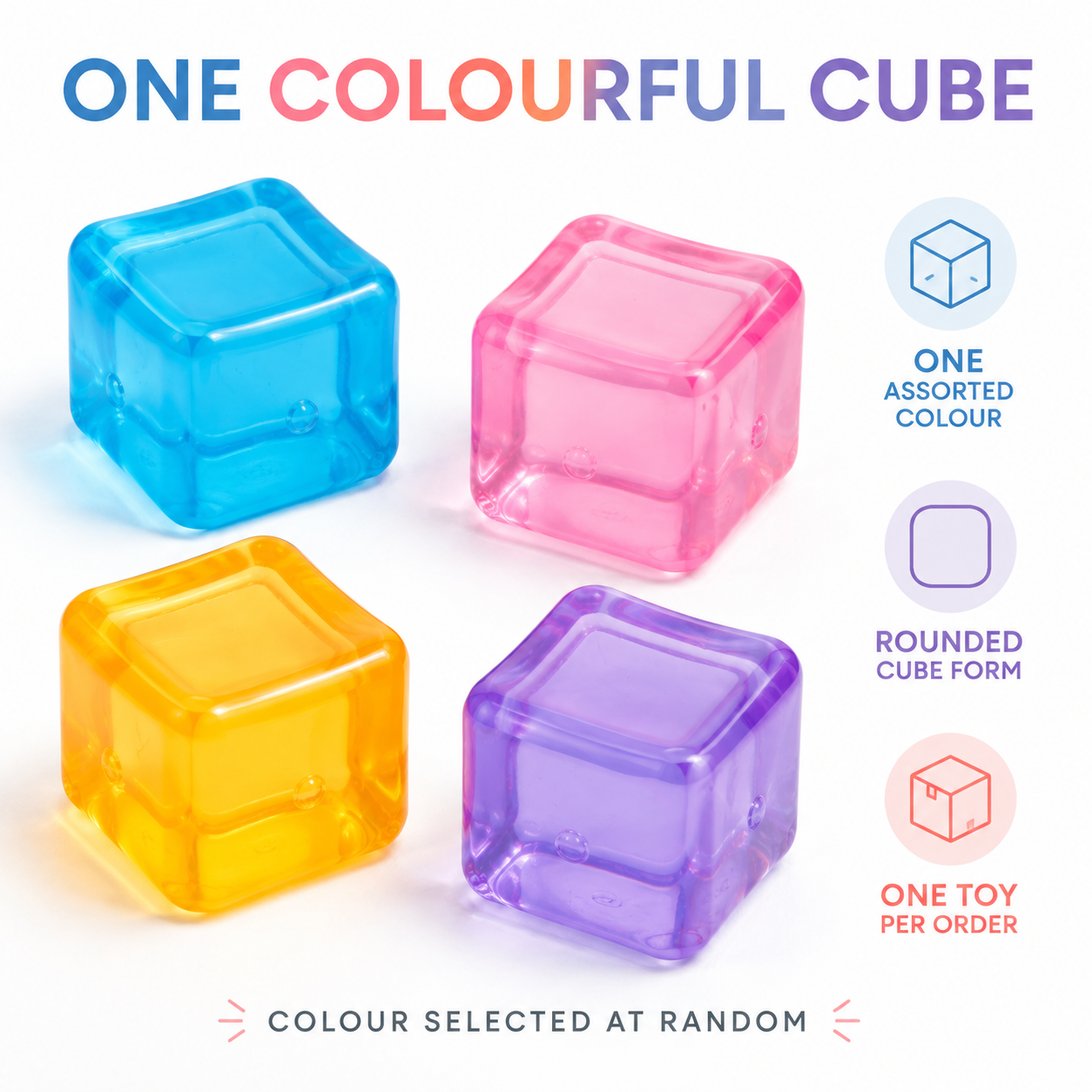 Assorted transparent rounded cube sensory toys with one random colour per order explained