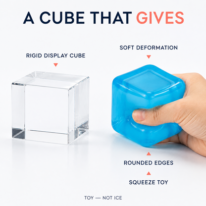Rounded transparent cube sensory toy compared with a rigid display cube