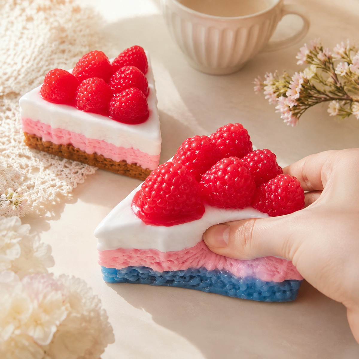 Blue and brown triangular raspberry cakes with a hand pressing the blue-base style
