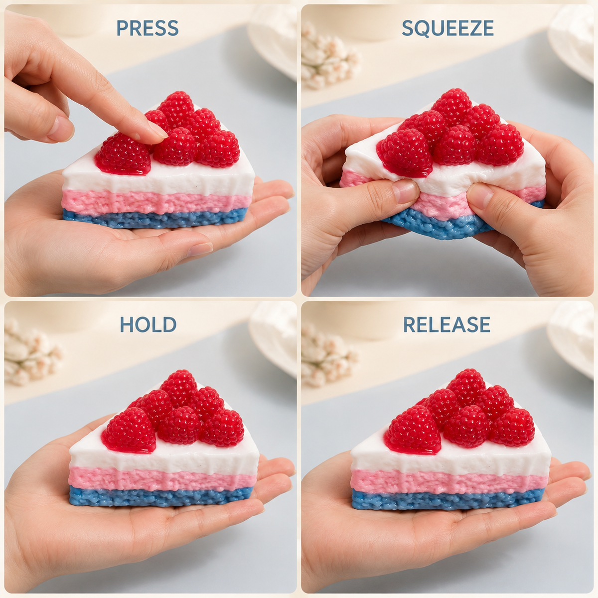 Blue-base triangular raspberry cake press squeeze hold and release guide