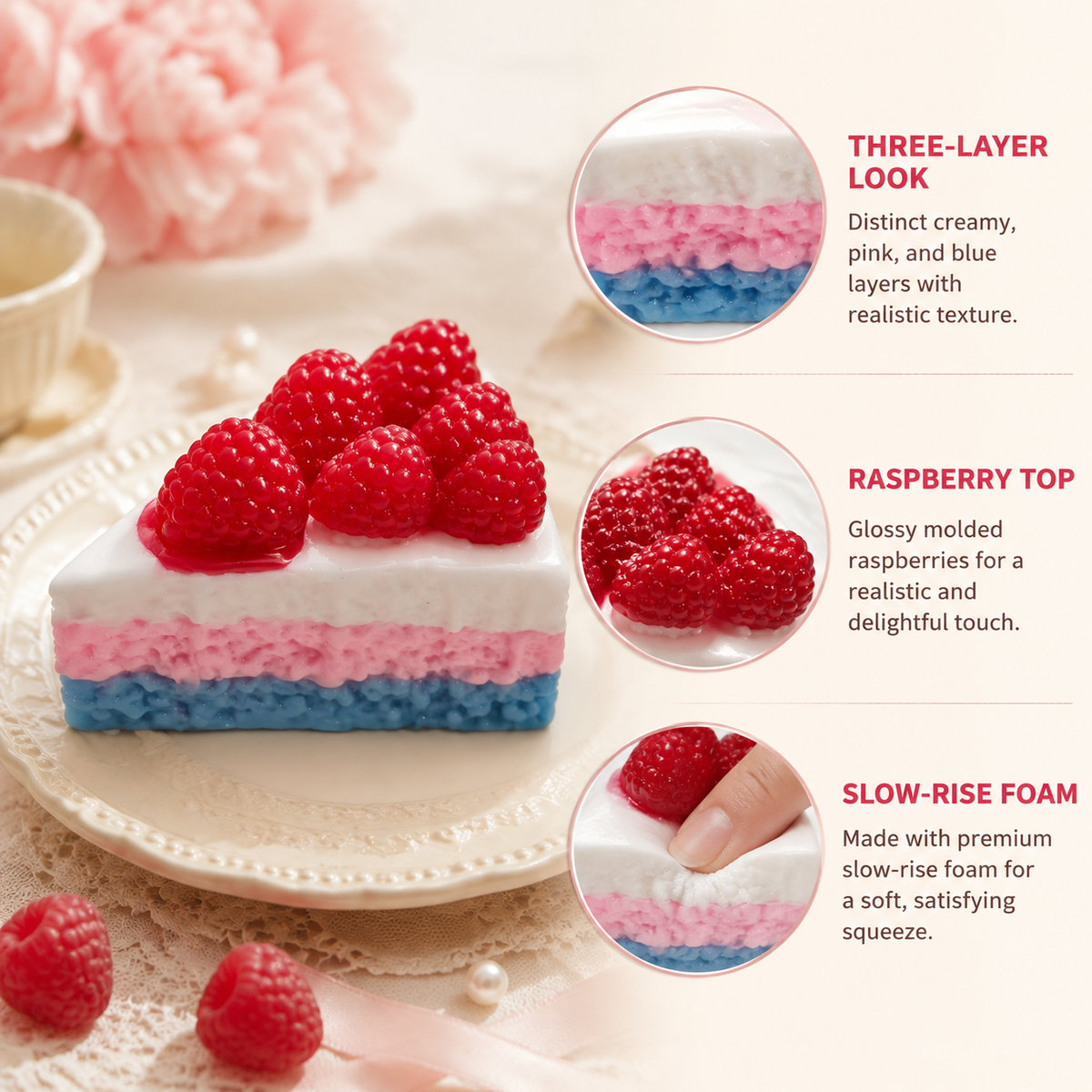 Triangular raspberry cake layers topping and slow-rise foam details
