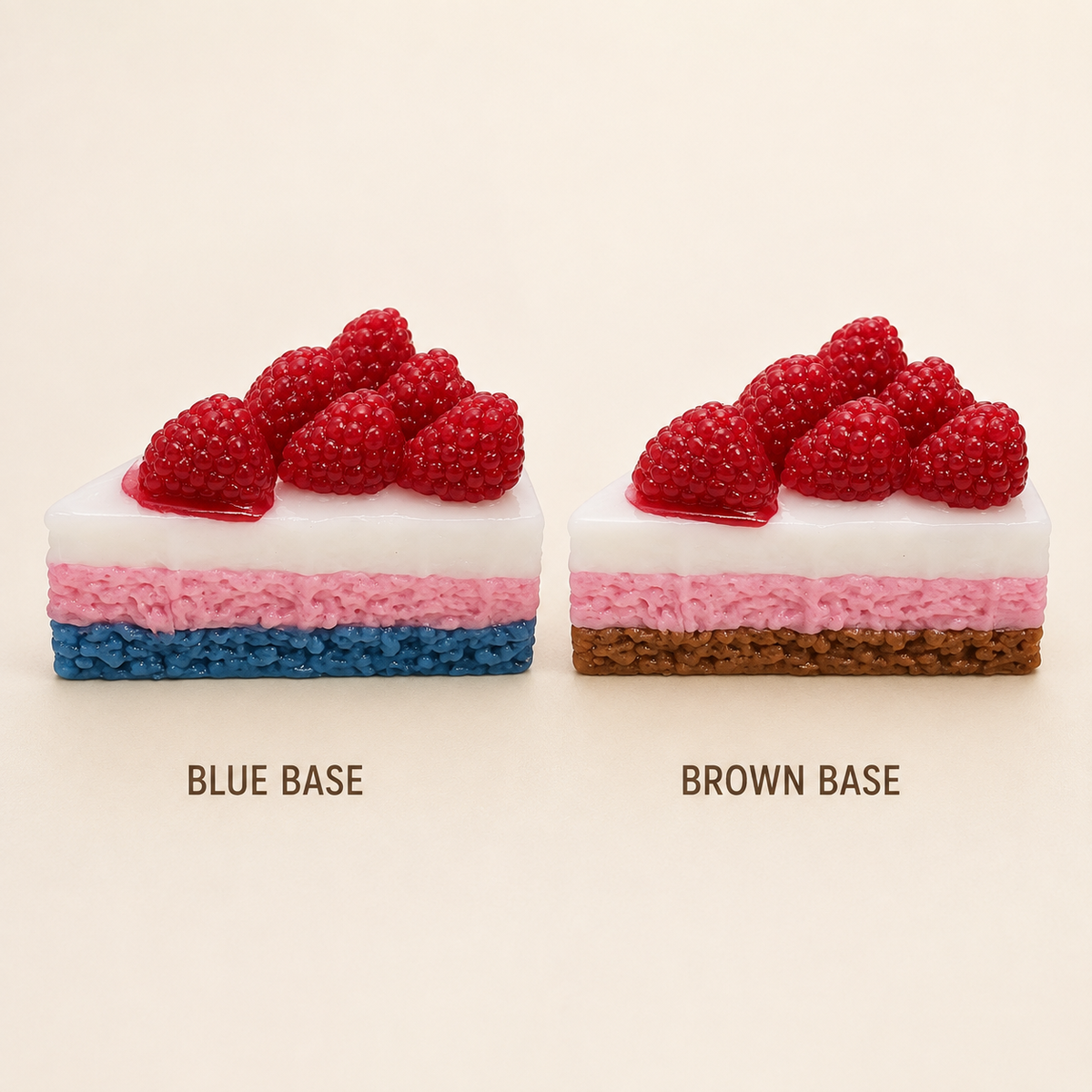 Blue-base and brown-base triangular raspberry cake styles