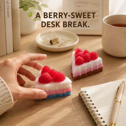 Two triangular raspberry cake sensory toys on a warm home-office desk