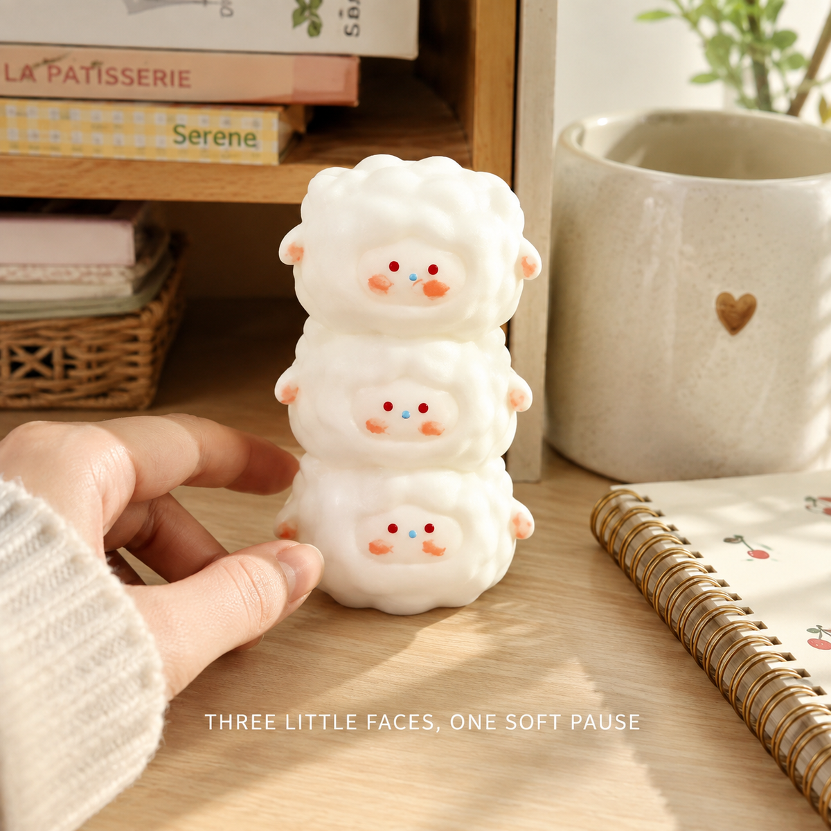 Triple-lamb sensory toy in a cozy desk scene