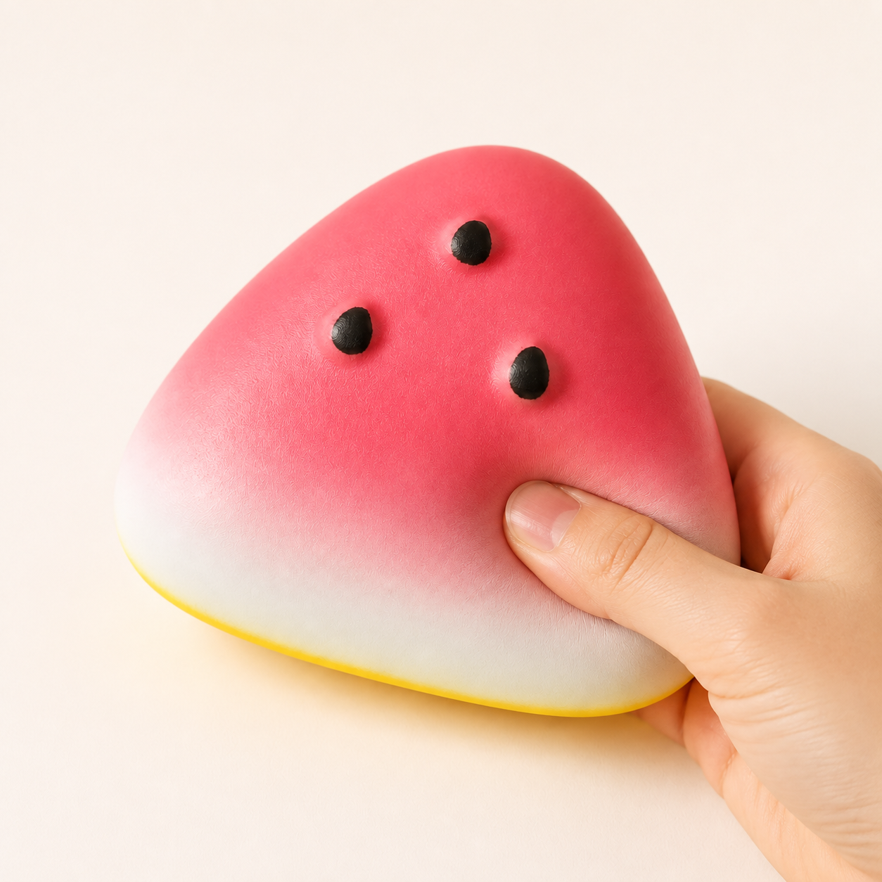 Watermelon wedge slow-rise squishy with a hand gently squeezing the lower-right side