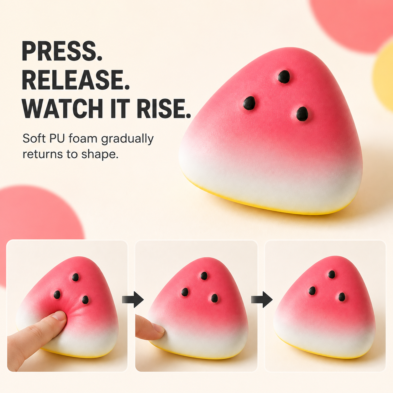 Watermelon wedge slow-rise squishy press release and rise action guide