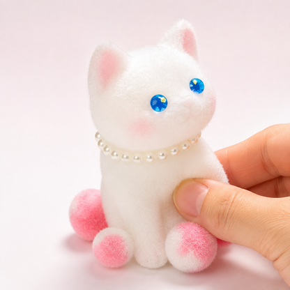 Hand pressing a fuzzy white playful cat sensory squeeze toy