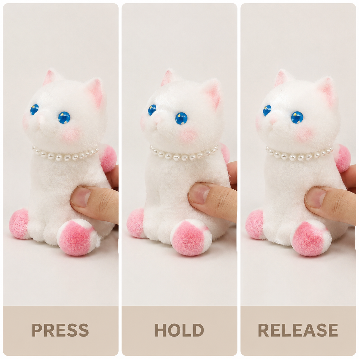 White playful cat press hold and release guide