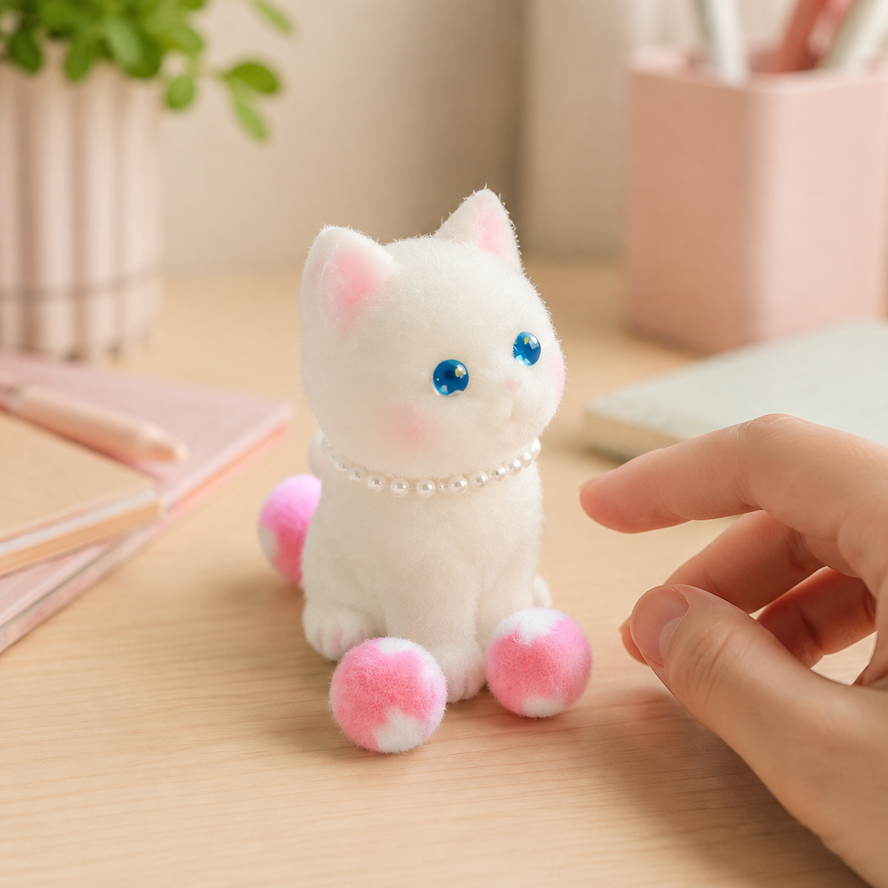 White playful cat sensory toy on a cozy desk