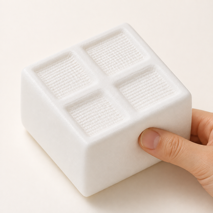 White tofu cube slow-rise squishy with a hand gently squeezing the lower-right side