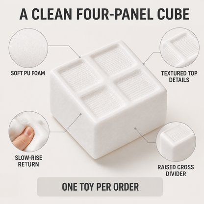 Four-panel white tofu cube slow-rise squishy product features