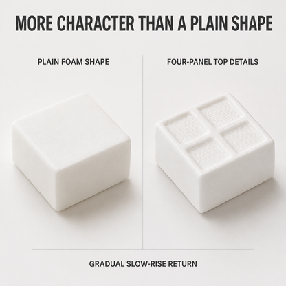 Textured four-panel tofu cube compared with a plain foam shape