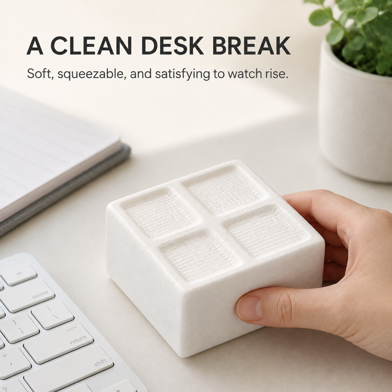 White tofu cube slow-rise squishy as a clean desk break