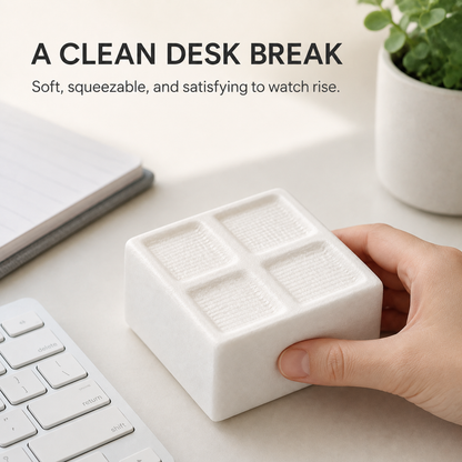 White tofu cube slow-rise squishy as a clean desk break