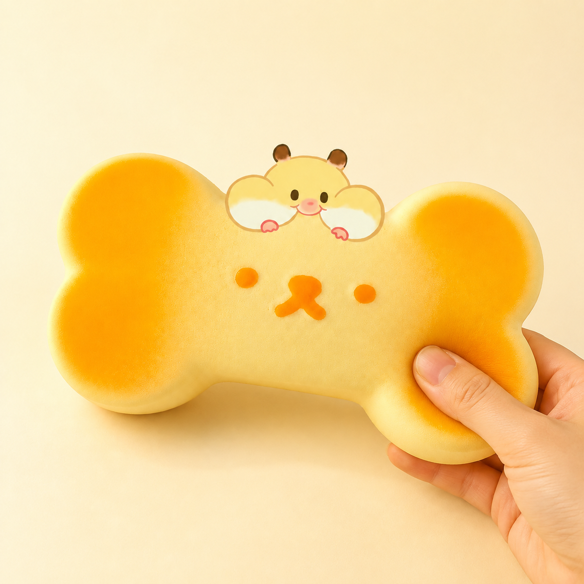 Yellow bone squishy shown being pressed by hand