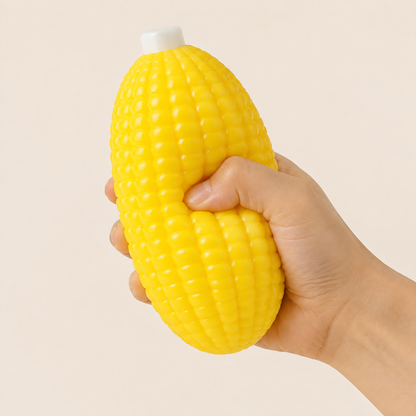 Yellow corn squishy toy being visibly squeezed