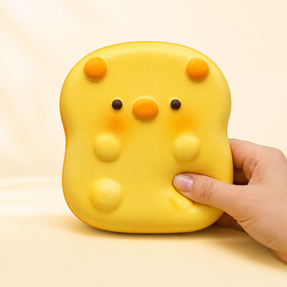 Yellow pig character squishy shown being pressed by hand
