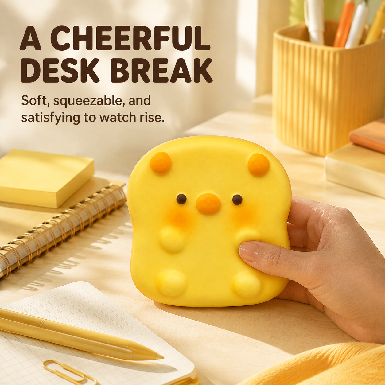 Yellow pig character squishy desk lifestyle