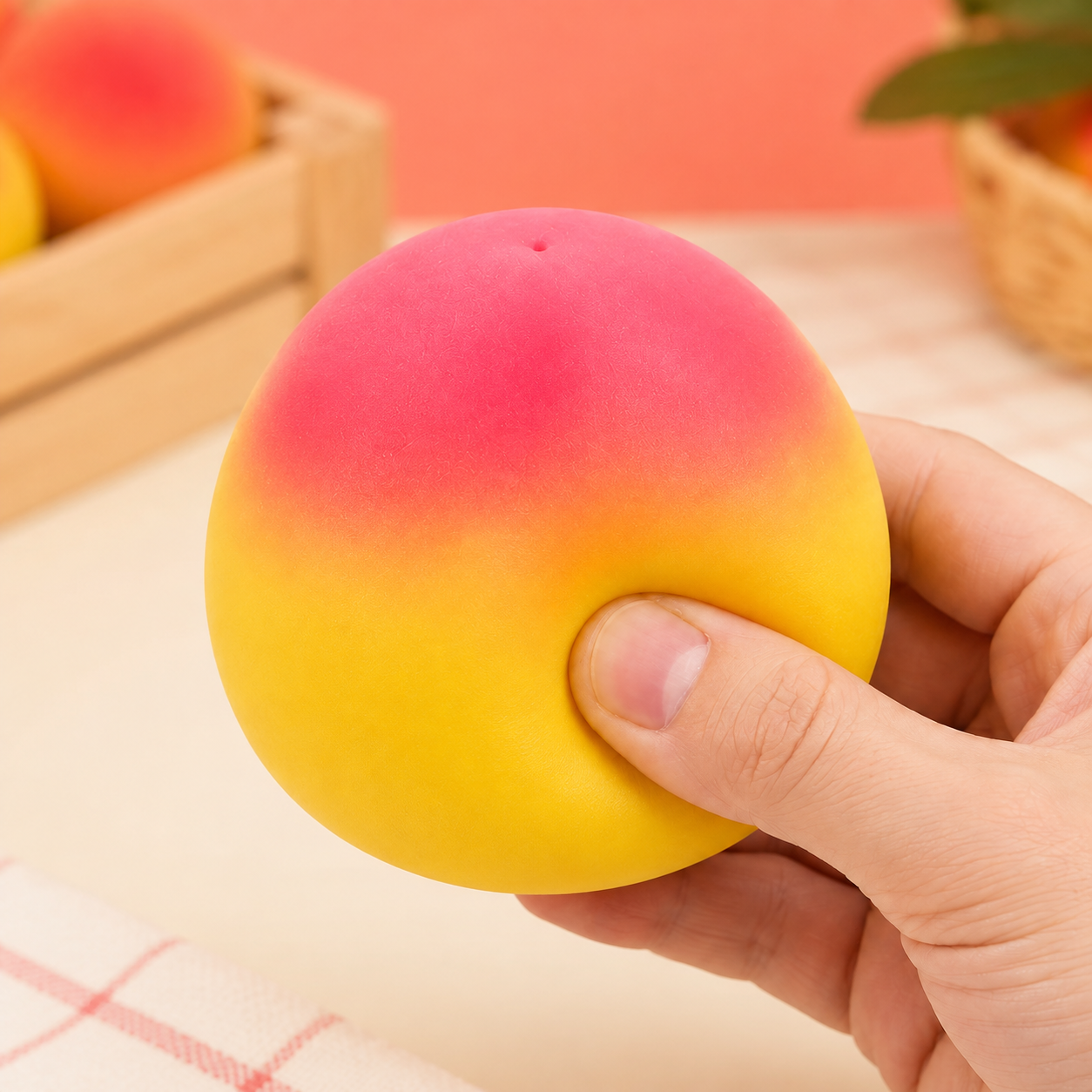 Yellow-to-pink peach sensory squeeze toy with a hand pressing the same toy