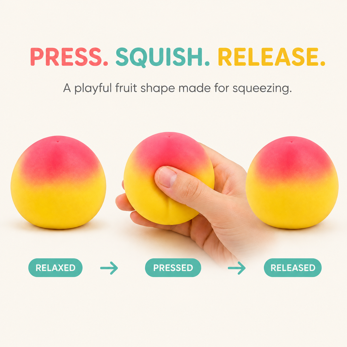 Press, squish and release sequence for the yellow-to-pink peach sensory toy