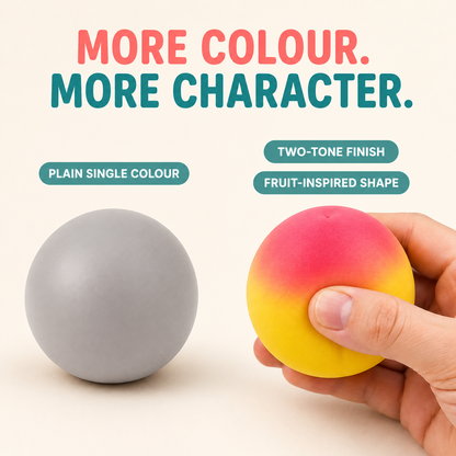 Two-tone peach sensory toy compared with a plain single-colour ball