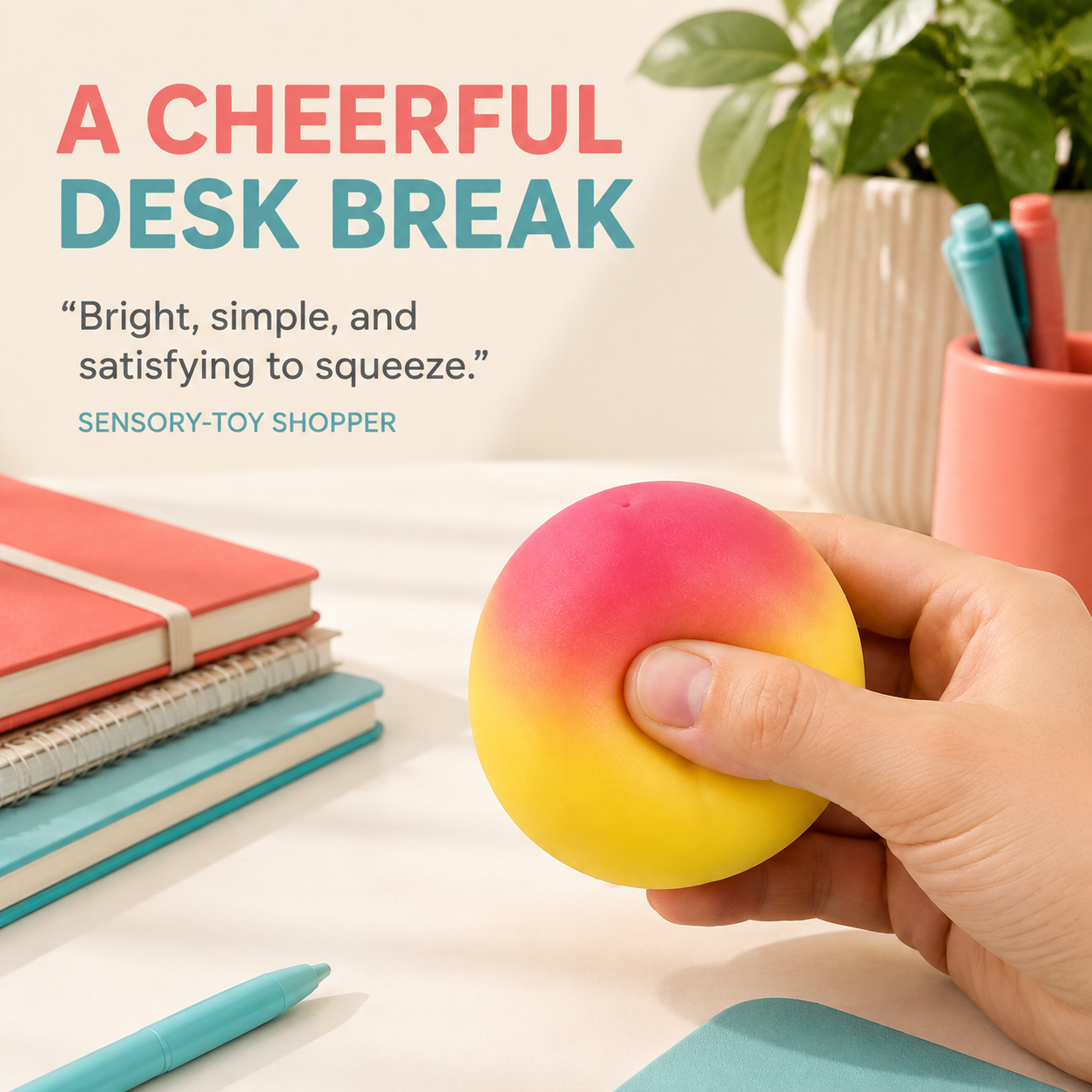 Yellow-to-pink peach sensory toy in a bright desk lifestyle scene