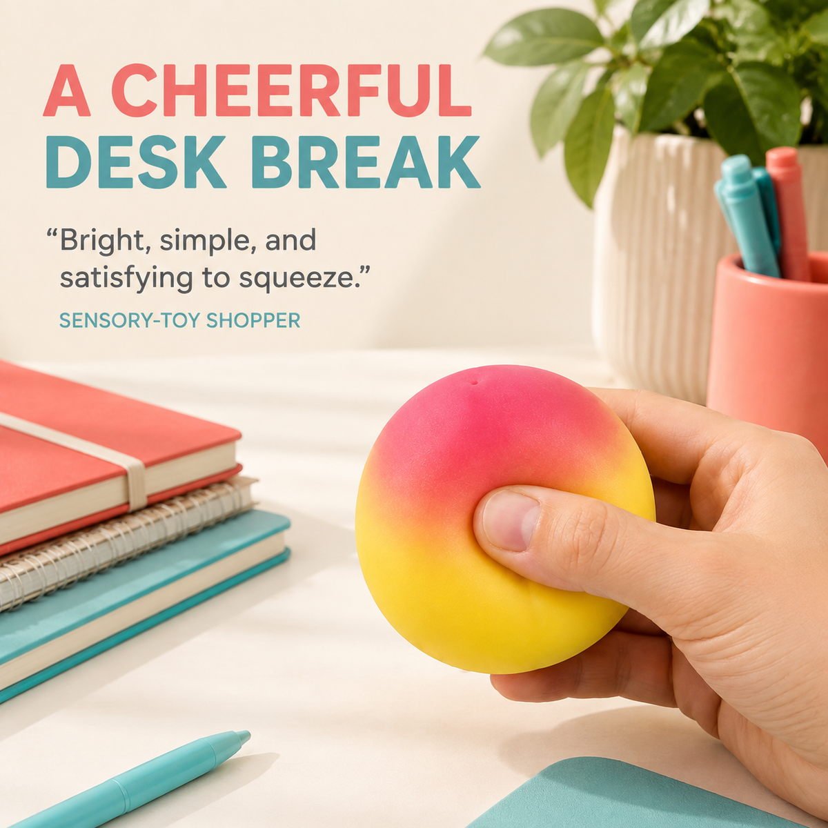 Yellow-to-pink peach sensory toy in a bright desk lifestyle scene