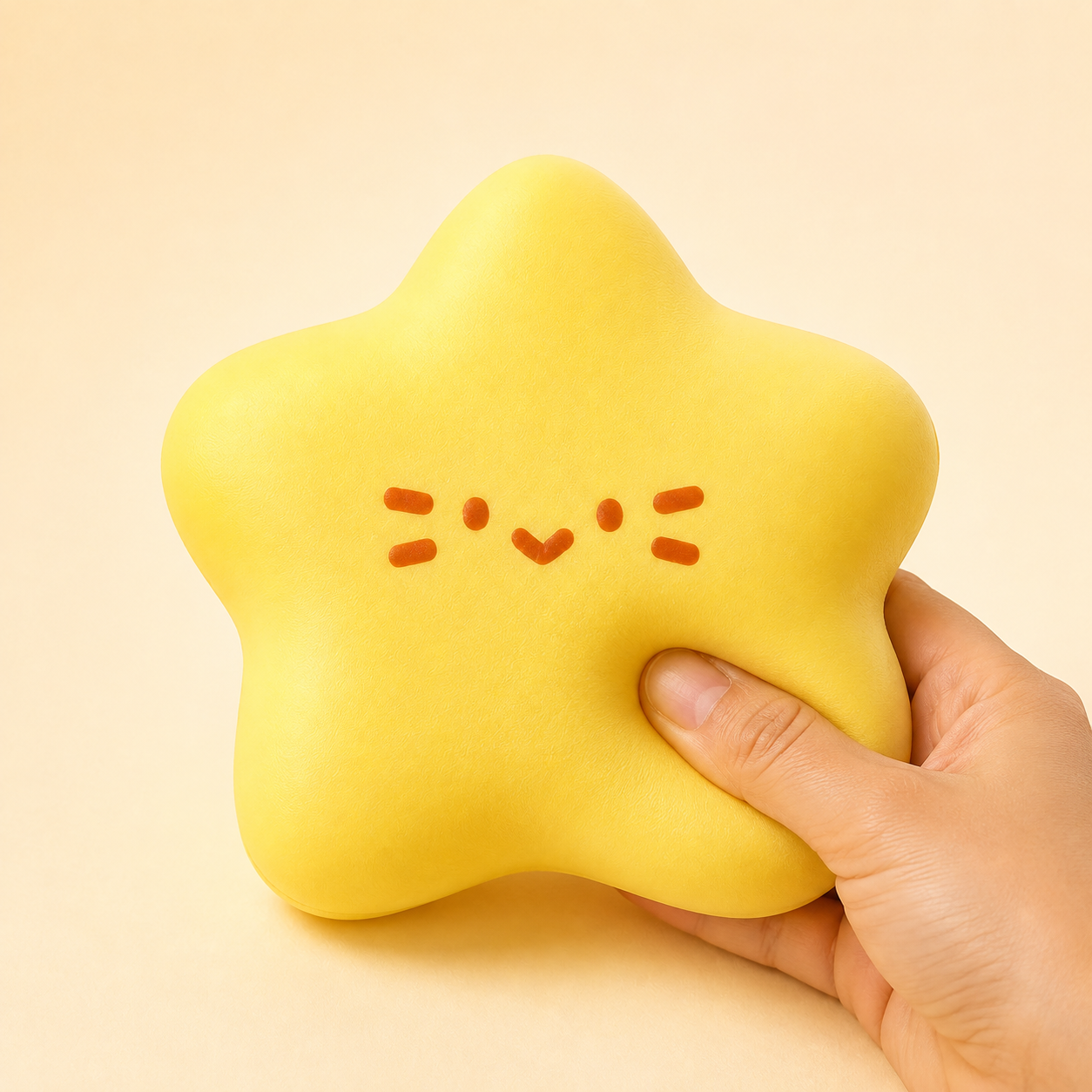 Yellow star squishy shown being pressed by hand